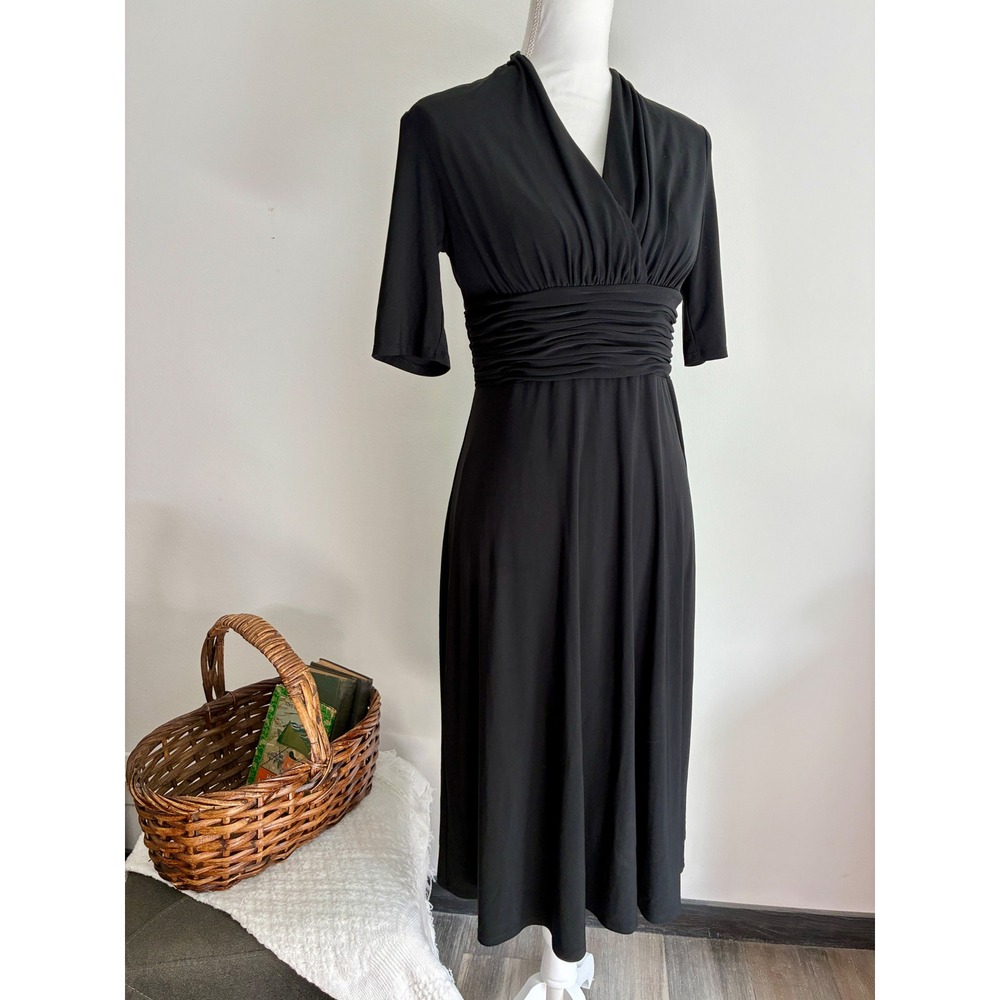 Evan Picone Dress Size 6 Black Ruched Waist Surplice V Neck Midi Career Stretch